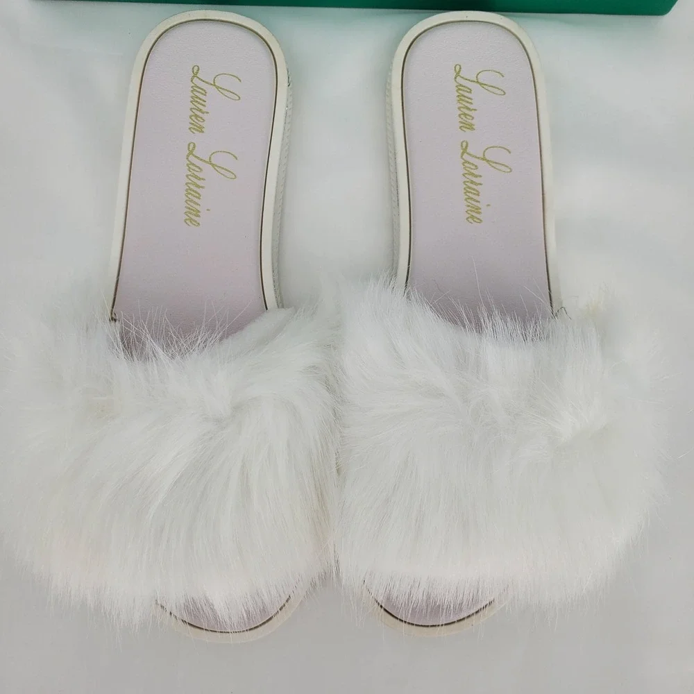 Lauren Lorraine White Fluffy Faux Fur Flat Sandal Glitter Trim Slides Size 8 New